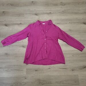 Eileen Fisher Organic Irish Linen Shirt Magenta Collared Button Up Tunic Small